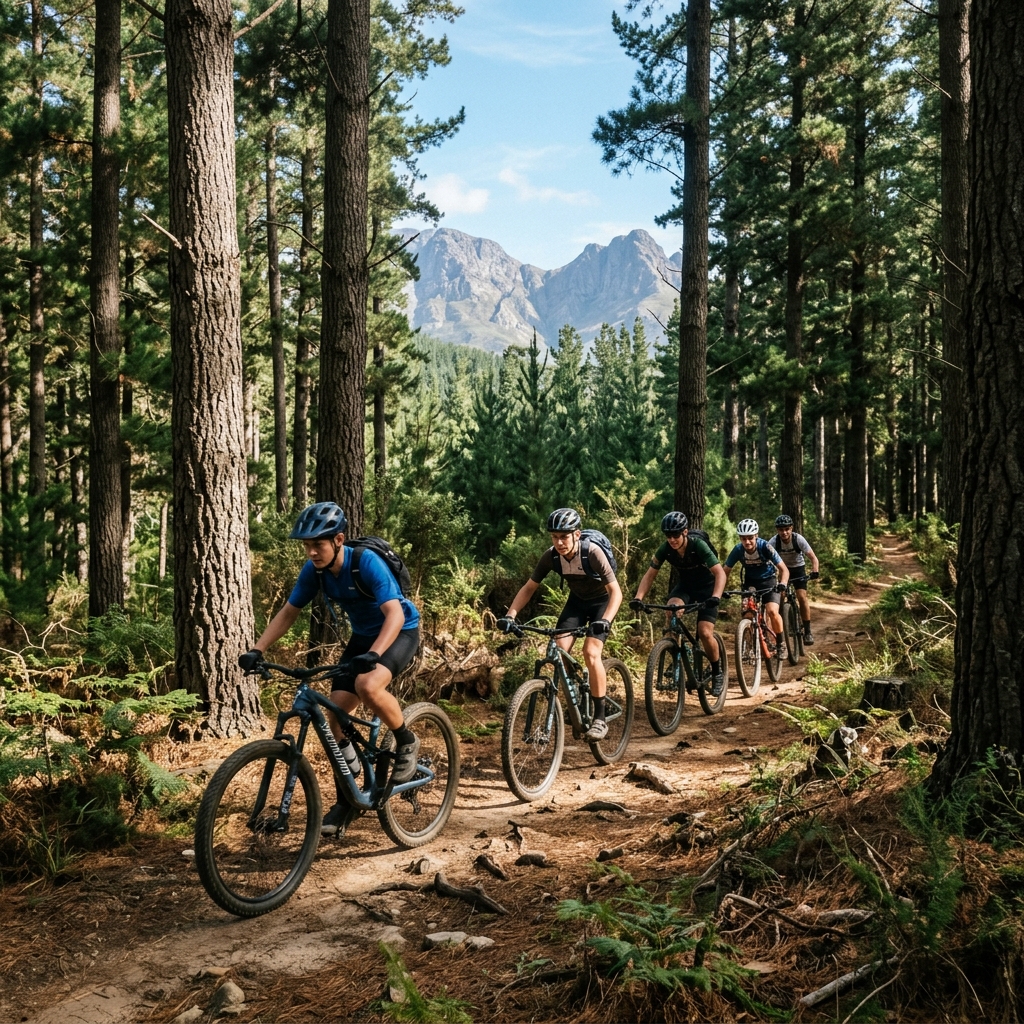 Boys mountain biking on a scenic trail